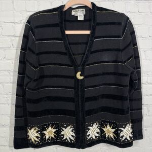 Jack B Quick Cardigan Women Medium Black Beaded Embroidered Christmas Holiday